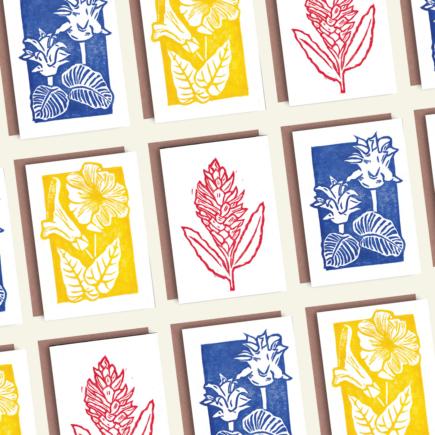 Pack of 3 Flower Hand Printed Greeting Card