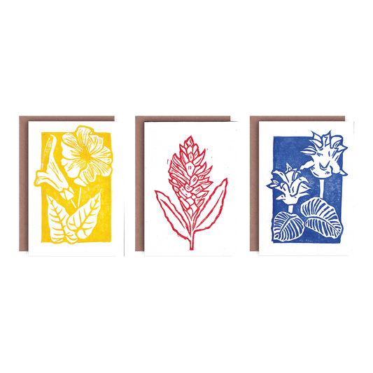 Pack of 3 Flower Hand Printed Greeting Card